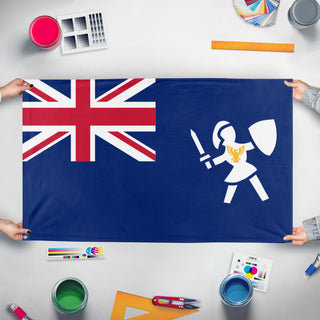 A mockup of the custom flag 'Anguilla flag' held up on a table during print checking