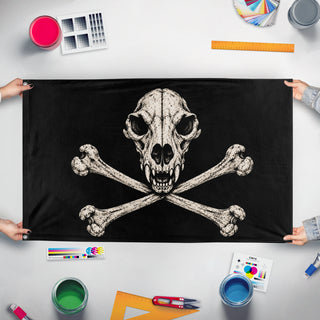 A mockup of the custom flag 'Animal Skull flag' held up on a table during print checking