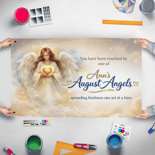 A mockup of the custom flag 'Ann's August Angles flag' held up on a table during print checking