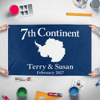 A mockup of the custom flag 'Antarctica flag' held up on a table during print checking