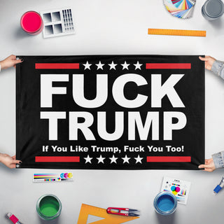 A mockup of the custom flag 'Anti-Trump flag' held up on a table during print checking