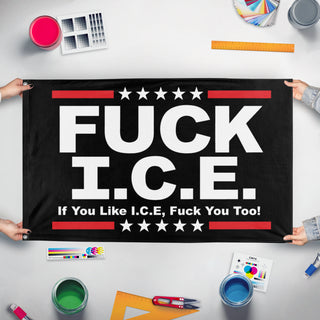 A mockup of the custom flag 'Anti ICE flag' held up on a table during print checking
