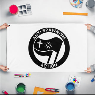 A mockup of the custom flag 'Anti Spawnism Action flag' held up on a table during print checking