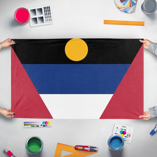 A mockup of the custom flag 'Antigua and Barbuda flag' held up on a table during print checking