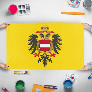 A mockup of the custom flag 'Archduchy Of Austria  flag' held up on a table during print checking