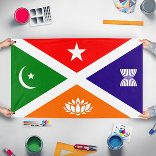 A mockup of the custom flag 'Asai flag' held up on a table during print checking