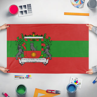 A mockup of the custom flag 'Aukeland flag' held up on a table during print checking