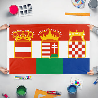 A mockup of the custom flag 'Austria Hungary Croatia Triarchy  flag' held up on a table during print checking