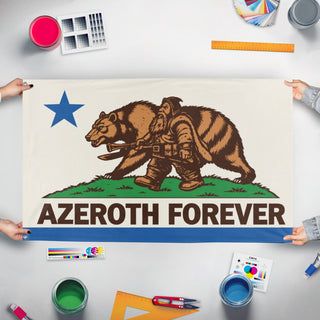 A mockup of the custom flag 'Azeroth Forever flag' held up on a table during print checking