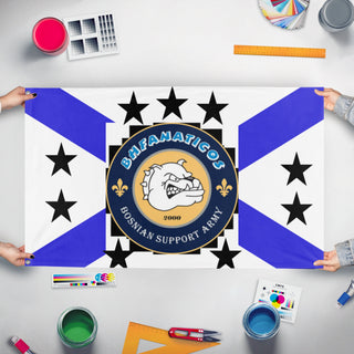 A mockup of the custom flag 'BHFANATICOS flag' held up on a table during print checking