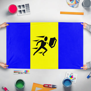 A mockup of the custom flag 'Barbados flag' held up on a table during print checking