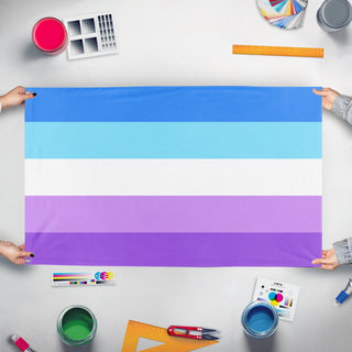 A mockup of the custom flag 'Berrisexual flag' held up on a table during print checking