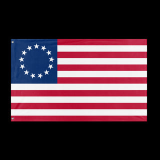 A mockup of the custom flag 'Betsy Ross Flag' held up on a table during print checking