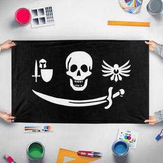 A mockup of the custom flag 'Bloodhawk flag' held up on a table during print checking