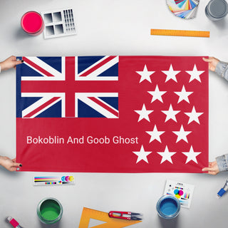 A mockup of the custom flag 'Bokogoob flag' held up on a table during print checking