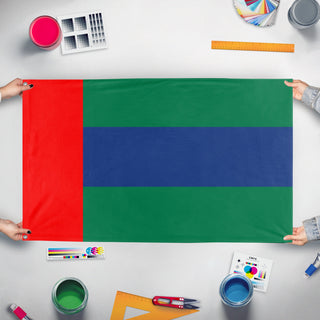 A mockup of the custom flag 'Bosnian empire flag' held up on a table during print checking