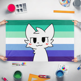 A mockup of the custom flag 'Boykisser MLM pride  flag' held up on a table during print checking