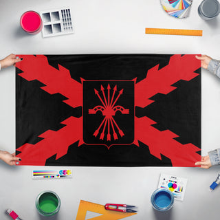 A mockup of the custom flag 'Burgundy Cross Falangist flag' held up on a table during print checking
