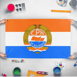 A mockup of the custom flag 'CPN Prince Flag' held up on a table during print checking