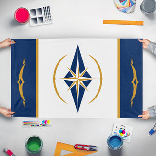 A mockup of the custom flag 'Caelix Republic flag' held up on a table during print checking