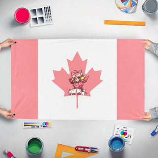 A mockup of the custom flag 'CanadianPink flag' held up on a table during print checking