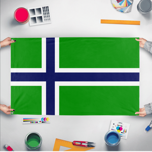 A mockup of the custom flag 'Carrland flag' held up on a table during print checking