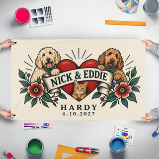 A mockup of the custom flag 'ChatGPT Pet Dogs and Cats flag' held up on a table during print checking