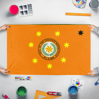 A mockup of the custom flag 'Cherokee Nation Flag' held up on a table during print checking