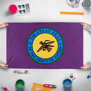 A mockup of the custom flag 'Chocktaw Nation flag' held up on a table during print checking