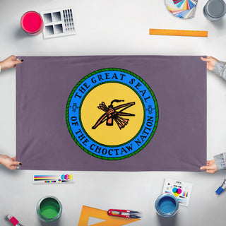 A mockup of the custom flag 'Chocktaw Nation flag' held up on a table during print checking