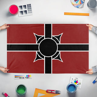 A mockup of the custom flag 'Colonial Empire of Cassia flag' held up on a table during print checking
