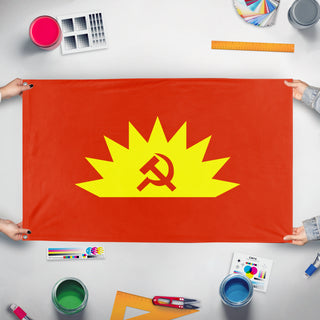 A mockup of the custom flag 'Communist Party of Ireland flag' held up on a table during print checking