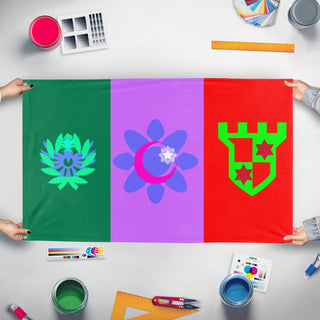 A mockup of the custom flag 'Cousin flag' held up on a table during print checking
