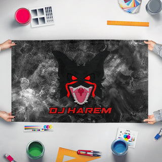 A mockup of the custom flag 'DJ HAREM flag' held up on a table during print checking