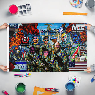 A mockup of the custom flag 'Defenders of Gaza flag' held up on a table during print checking