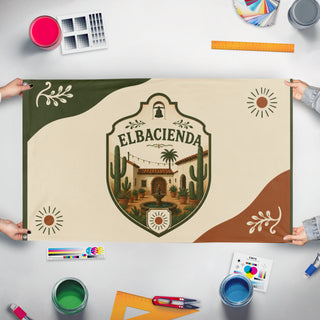 A mockup of the custom flag 'ELBACIENDA flag' held up on a table during print checking