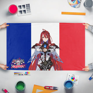 A mockup of the custom flag 'ERB HOLOJUSTICE fan flag' held up on a table during print checking