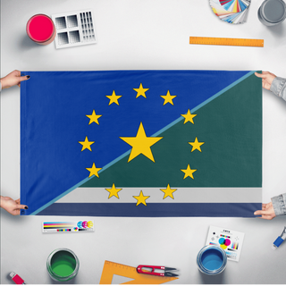 A mockup of the custom flag 'European-River Union flag' held up on a table during print checking