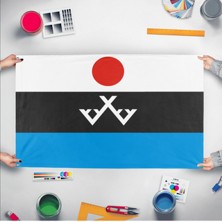 A mockup of the custom flag 'Evenki Peoples flag' held up on a table during print checking