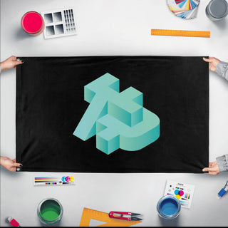 A mockup of the custom flag 'FR flag' held up on a table during print checking