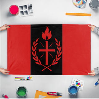 A mockup of the custom flag 'FalangeLaVex flag' held up on a table during print checking