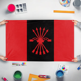 A mockup of the custom flag 'Falangist Flag' held up on a table during print checking