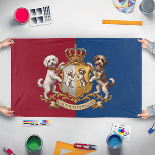 A mockup of the custom flag 'Family Dogs Heraldic flag' held up on a table during print checking