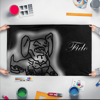 A mockup of the custom flag 'Fido flag' held up on a table during print checking