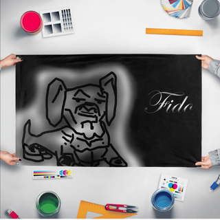 A mockup of the custom flag 'Fido flag' held up on a table during print checking