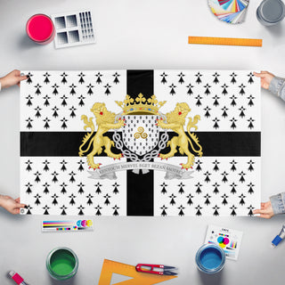 A mockup of the custom flag 'Flag of Brittany' held up on a table during print checking