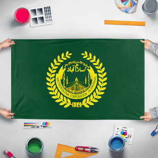 A mockup of the custom flag 'Flag of Islamabad' held up on a table during print checking