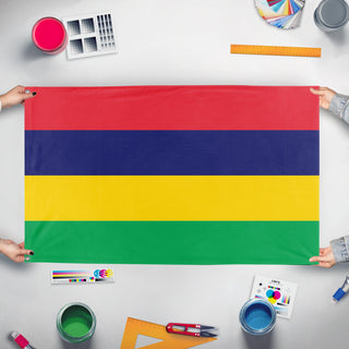 A mockup of the custom flag 'Flag of Mauritius' held up on a table during print checking