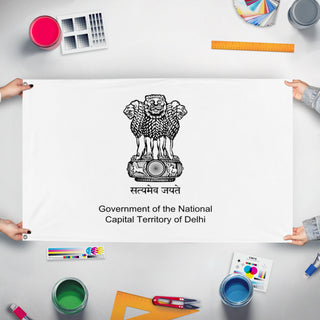 A mockup of the custom flag 'Flag of New Delhi' held up on a table during print checking
