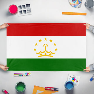 A mockup of the custom flag 'Flag of Tajikistan' held up on a table during print checking